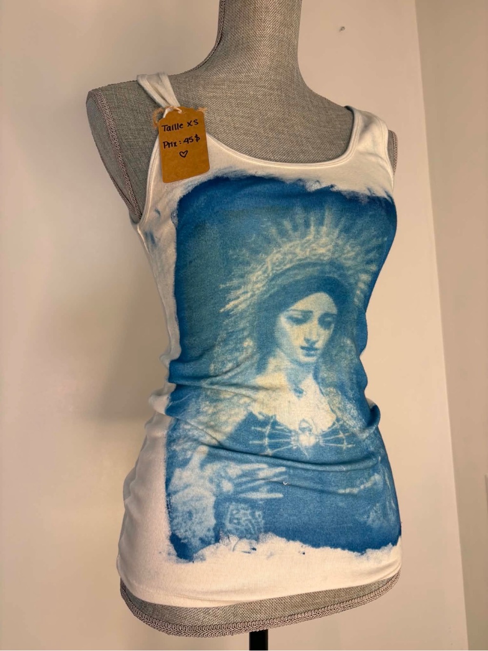 George White Tank Top with Blue Religious-Style Graphic